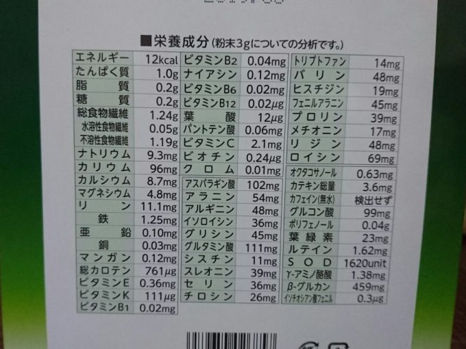 大麦若葉青汁100%粉末　成分表示